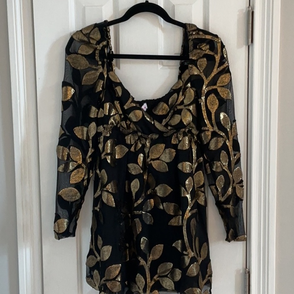 NWT Buddy Love Black Mini Dress with Metallic Gold Leaf Pattern